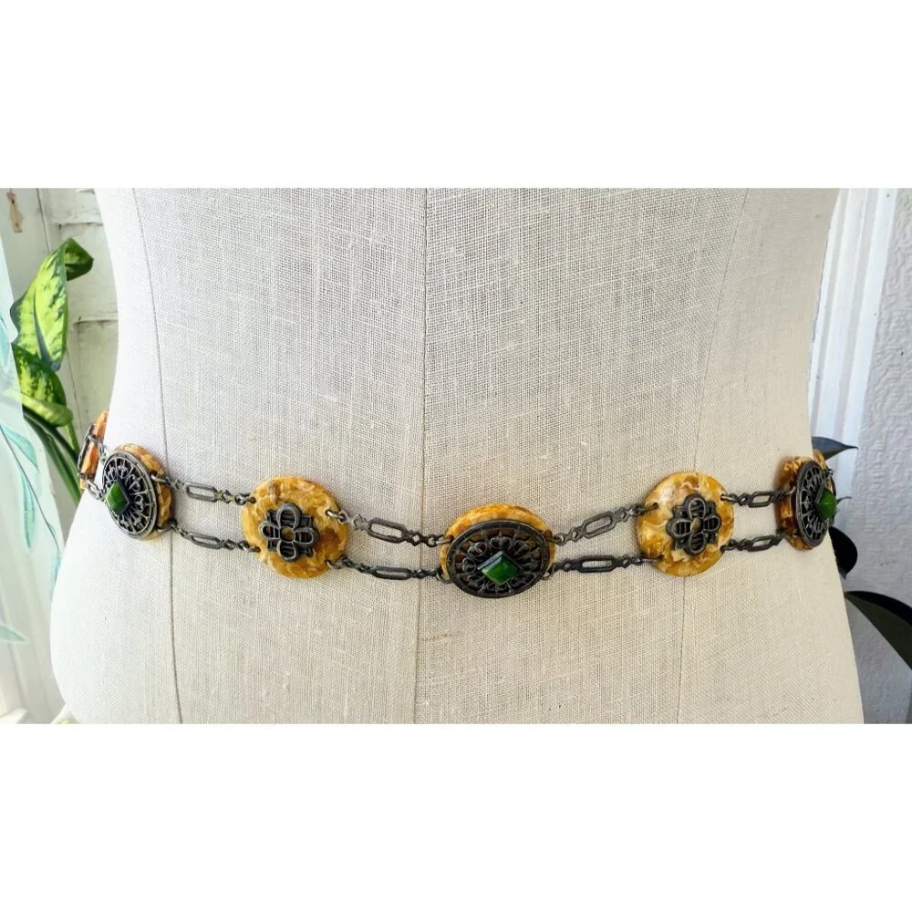 Antique 30's Celloid Circles Green Glass Silverplate women's Link Belt/Necklace - Picture 5 of 16